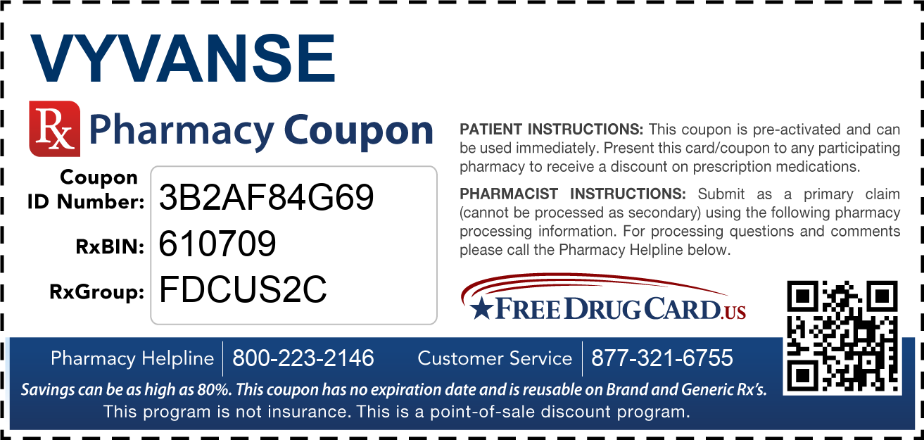 Vyvanse Coupon Free Prescription Savings at Pharmacies Nationwide